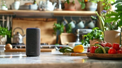 Voice-activated smart speaker placed on a kitchen counter, with a person asking it to play music, highlighting the hands-free convenience of IoT devices