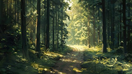 Obraz premium A beautiful forest path with tall trees and dappled sunlight