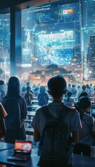 Silhouettes of people with backpacks in a modern cityscape with holographic displays, symbolizing the future of education and technology.