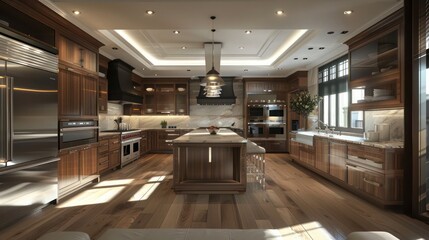 open-concept kitchen with luxurious walnut cladding and state-of-the-art appliances