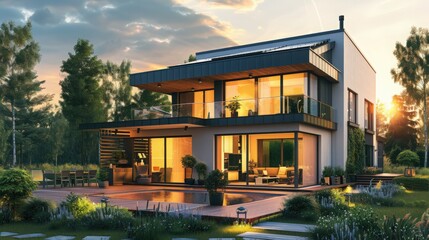 Fototapeta premium Modern luxury home with large windows, exterior lighting, and a beautifully landscaped yard at sunset.