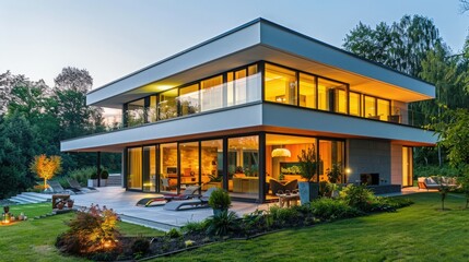 Modern luxury house with large windows and garden, captured at dusk, featuring warm indoor lighting and a peaceful outdoor setting.