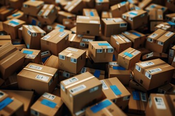 Fototapeta premium a pile of cardboard boxes, each adorned with blue labels, captured in stunning 8K resolution. The details are vivid and lifelike, showcasing the texture and arrangement