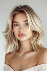A beautiful young blonde with shoulder-length hair and light makeup posing on a white background. She has a fashionably styled bob hairstyle with modern textured hair coloring.