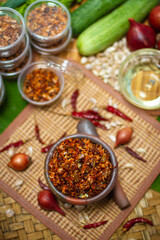 Dried fish crackling chili paste, a Thai food concept.