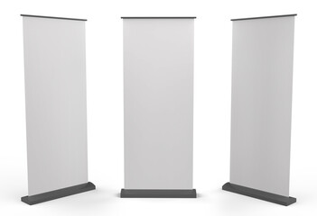 Roll Up Banner Stand for Promotional. Exhibition Rollup Banner Mockup On White Background 3 Views. 3D illustration.