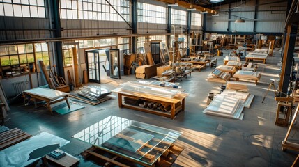 Industrial Workshop Interior With Stacks of Glass and Wood Panels, Sunbeams Streaming Through Windows.