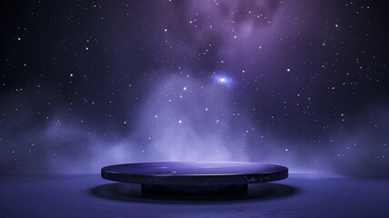Stone podium background for product display featuring an abstract galactic nightscape with the pulse of the universe,宇宙の鼓動を感じる抽象的な銀河の夜景を備えた製品ディスプレイ用の表彰台の背景,Generative AI
