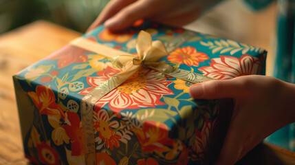 Vibrant gift box with decorative wrapping paper being exchanged in a colorful exchange of presents and celebrations.