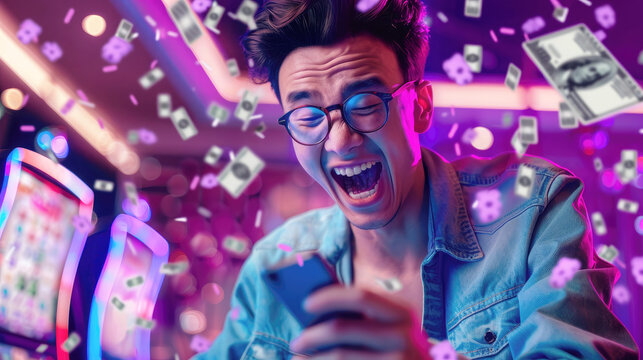 A young Asian man emotionally rejoices at a big win while playing games on mobile devices, online casinos and the lottery. Motion blur, selective focus.