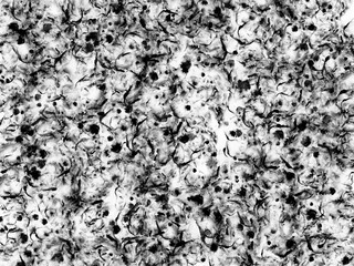 A monochromatic background with abstract black paint splatters