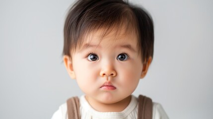 Naklejka premium A baby with brown hair and brown eyes is looking at the camera. The baby is wearing a white shirt and a brown vest