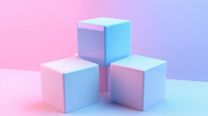 Three white cubes are stacked on top of each other. The cubes are pink and white, and they are arranged in a way that creates a sense of balance and stability