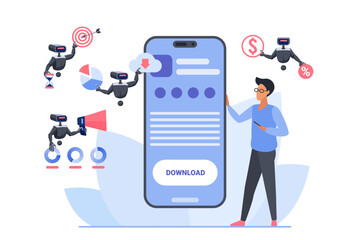 AI assistant digital support, business productivity with online chatbot. Tiny customer working in mobile app with effective interaction and automated help of robots team cartoon vector illustration