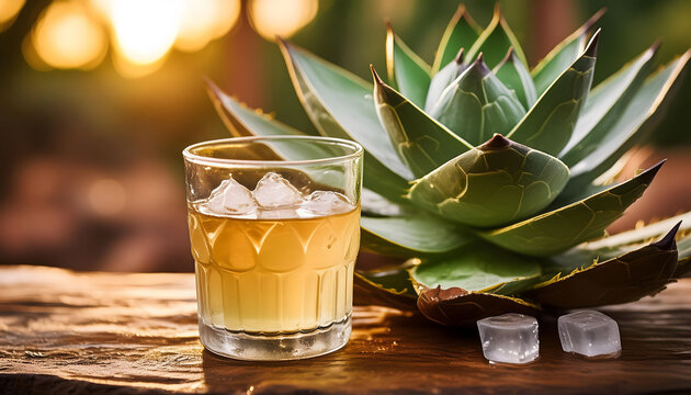 Agave Plant With Glass of Pulque and Ice Cubes on a Wooden Table at Sunset