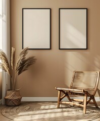 mockup frame in room, framed blank white on the wall above an unmade bed in a hotel room