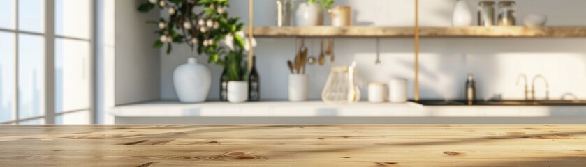 Bright and modern kitchen interior design with wooden countertops, open shelving, and natural light from the large windows.