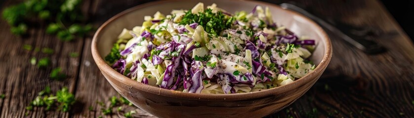 A close-up of a fresh and colorful coleslaw served in a wooden bowl, featuring purple and green cabbage with a creamy dressing on a rustic table.