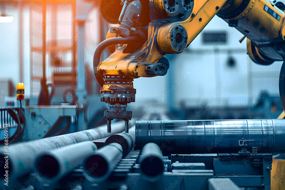 Wall mural cnc ai robot arm with gripper in factory, robotics hand moving pipes along conveyor belt