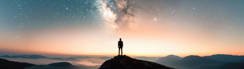 Fototapeta premium Person standing on a mountain peak under a starry sky, gazing at the Milky Way, with a breathtaking sunrise horizon.