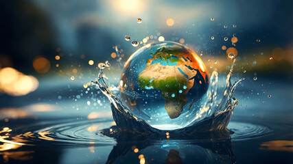 transparent earth globe model on water surface. Water World