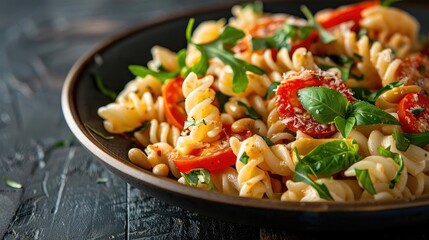 Delicious pasta salad with cherry tomatoes, fresh herbs, and pine nuts served in a black plate on a rustic wooden table.