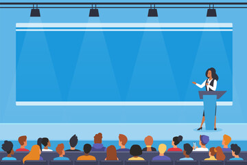 A speaker delivering a presentation at a conference, standing at a podium with an audience seated in front, highlighting professional communication and public speaking vector illustration.