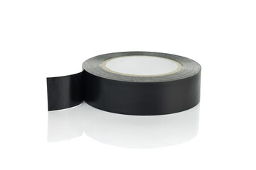 Roll of black plastic adhesive tape isolated on white background with clipping path.