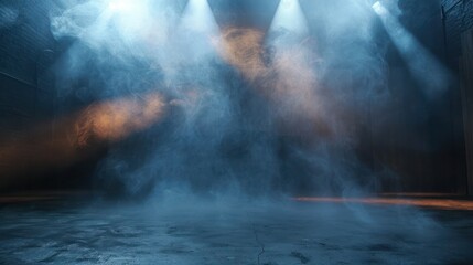 Obraz premium Empty stage with spotlights and smoke banner background with copy space.