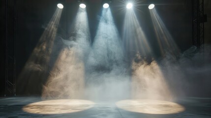 Empty stage with spotlights and smoke banner background with copy space.