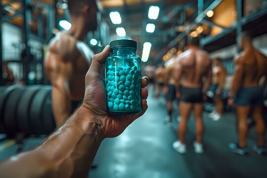 Close-up of a hand holding a supplement bottle in a gym with bodybuilders in the background. Perfect for fitness blogs, supplement advertisements, and workout content.