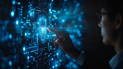 Person interacting with a futuristic digital interface, focusing on cybersecurity. Perfect for technology blogs, cybersecurity content, and innovation articles.