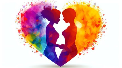 Naklejka premium A vibrant and colorful illustration of two women holding hands within a heart-shaped frame, symbolizing love and inclusivity, perfect for LGBTQ+ themes, pride events, and relationship concepts.