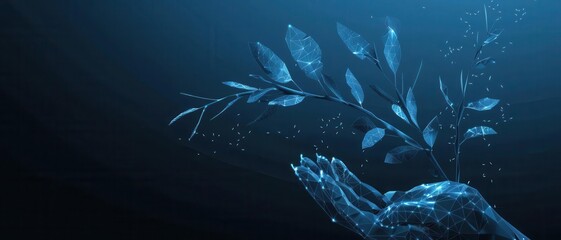 An abstract low poly design of a hand interacting with geometric plant forms against a blue backdrop