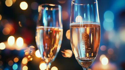 Close up of glasses with champagne at a party on background