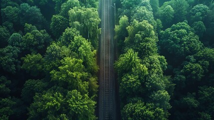 A railway track surrounded by greenery symbolizing the benefits of utilizing trains for transportation
