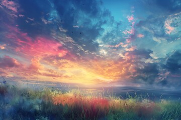 Fototapeta premium Vivid Horizons A Realistic Depiction of Expansive Natural Landscapes with Vibrant Colors and Dreamy Atmosphere Highlighting Limitless Potential and Wonder