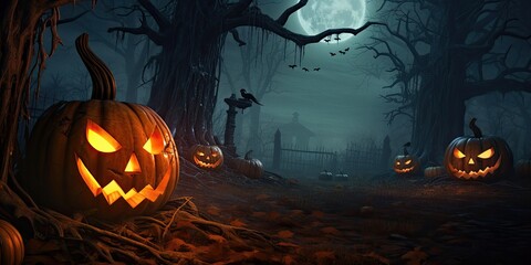 Fototapeta premium Halloween pumpkins on wood in a spooky forest at night