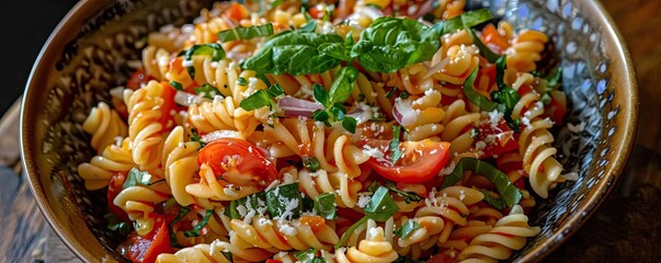 Fototapeta premium Close-up of a delicious pasta salad with tomatoes, basil, and cheese in a rustic bowl, perfect for a fresh and tasty meal.