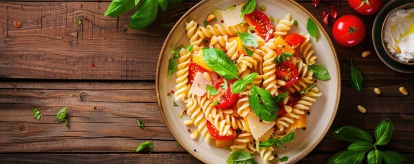 Delicious pasta salad with fresh tomatoes, basil, and cheese served on a rustic wooden table.