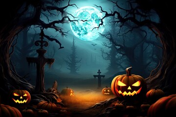 Fototapeta premium Horror Halloween background with autumn valley with woods pumpkins and spider web space for text
