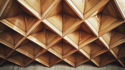 rchitectural detail of a ceiling with geometrically arranged wood panels, creating a complex, tessellated pattern