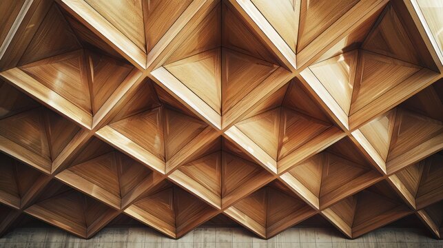 rchitectural detail of a ceiling with geometrically arranged wood panels, creating a complex, tessellated pattern