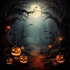 Fototapeta premium Horror Halloween background with autumn valley with woods pumpkins and spider web space for text