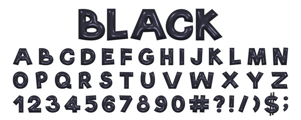 Black playful alphabet in Y2K style. 3D rendering of plump letters, plastic glossy reflective texture. Vector illustration.