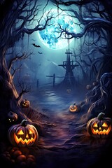 Fototapeta premium Horror Halloween background with autumn valley with woods pumpkins and spider web space for text