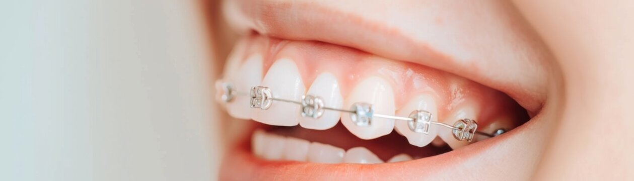 Close-up of a smiling mouth with dental braces, showcasing orthodontic treatment for straightening teeth and improving dental health.