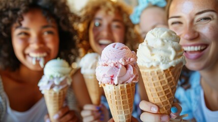 Experience the delight of an ice cream social with a close-up of people indulging in a variety of flavors, cooling off at a fun party.
