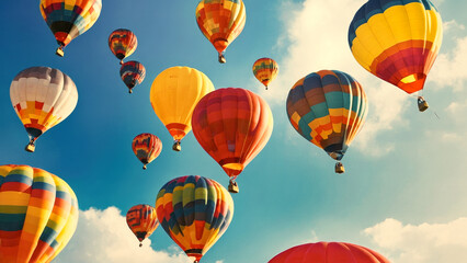 Fototapeta premium Vibrant Hot Air Balloons Floating Over Scenic Countryside. Aerial view festival