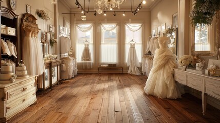 boutique bridal shop with wooden floors and elegant, romantic decor